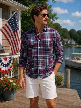 Rodd & Gunn Shirt Mens Extra Large Blue Pink Plaid Sports Fit Button Up Italy